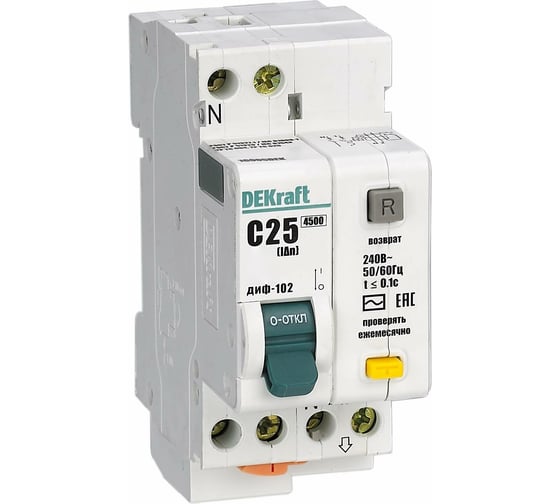 Изображение товара Автоматический выключатель дифференциального тока (АВДТ) DEKraft ДИФ-102, 1P+N, 25 А, 30 мА, тип АС, хар-ка С, 4.5 кА 16005DEK