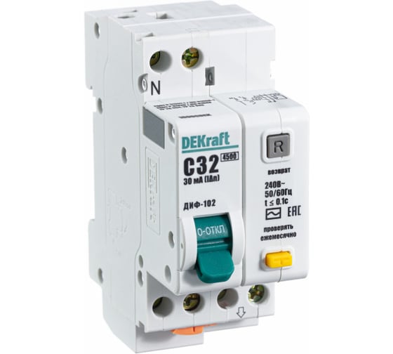 Изображение товара Автоматический выключатель дифференциального тока (АВДТ) ДИФ-102 Dekraft 1 Р+N, 32 А, 30 мА, хар-ка C 16006DEK