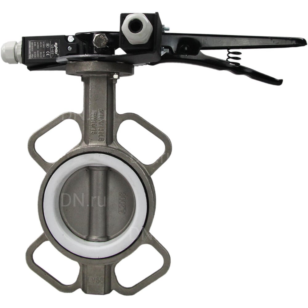 Затвор DN.ru 316L-316L-PTFE Ду125 Ру16 с рукояткой и концевыми датчиками D050-13650