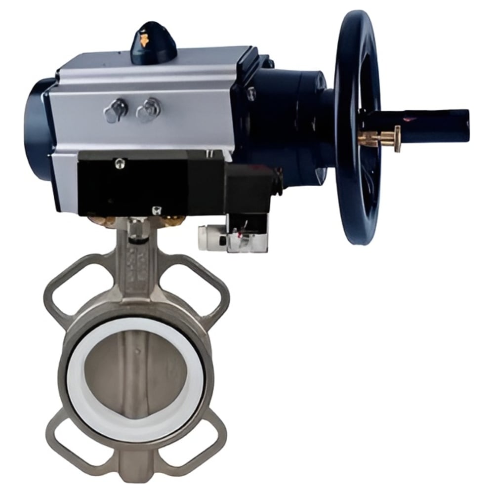 Изображение товара Затвор DN.ru 316L-316L-PTFE Ду100 с пневмоприводом и пневмораспределителем