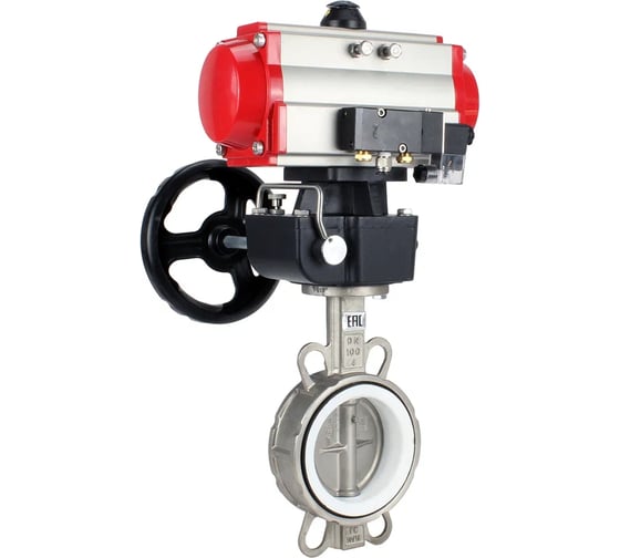 Изображение товара Затвор DN.ru 316L-316L-PTFE Ду100 Ру16 с пневмоприводом, пневмораспределителем, дублером D050-19140