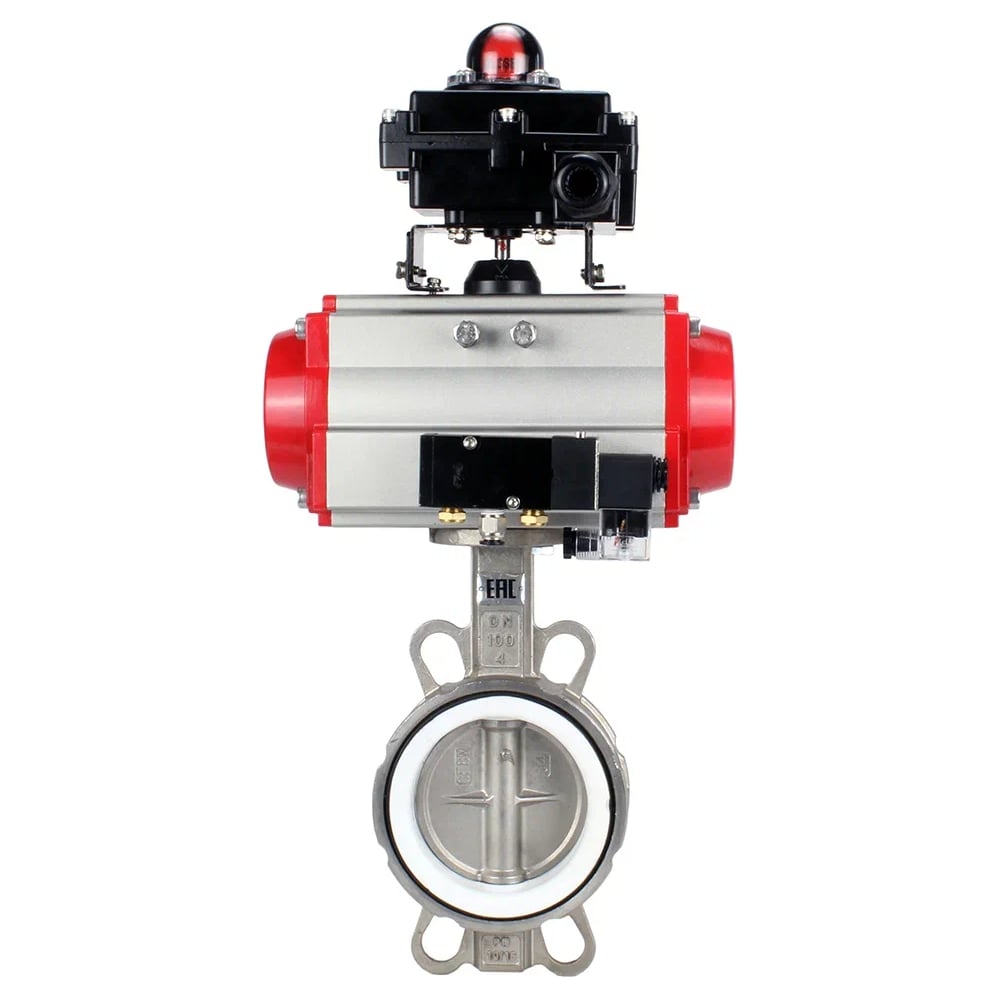 Затвор DN.ru 316L-316L-PTFE Ду100 Ру16 с пневмоприводом, пневмораспределителем, БКВ D050-19143