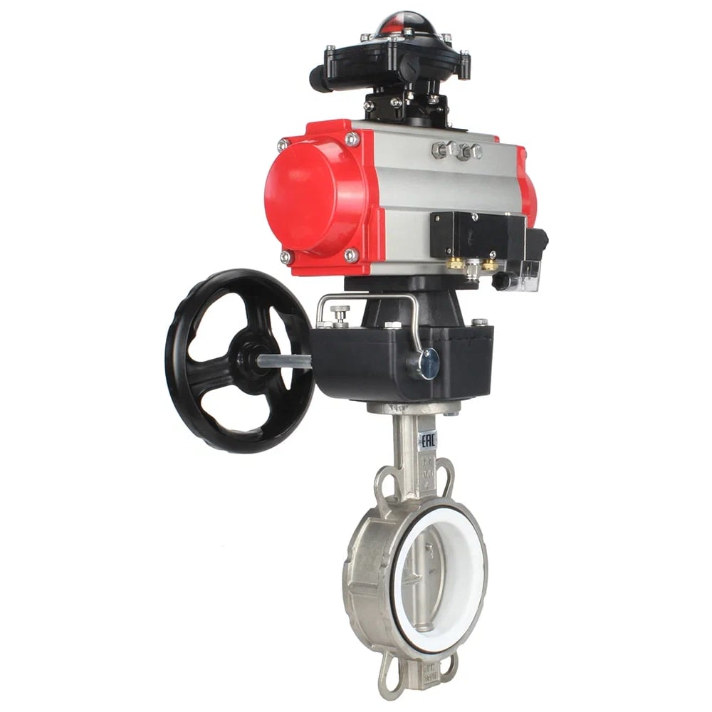 Изображение товара Затвор DN.ru 316L-316L-PTFE Ду80 Ру16 с пневмоприводом и пневмораспределителем