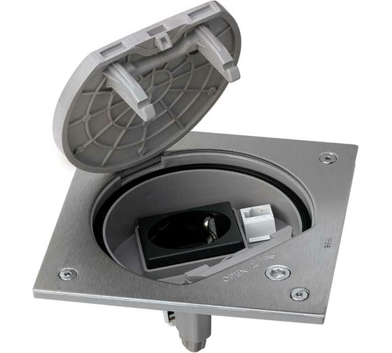 Изображение товара Влагостойкая основа с розеткой Simon, IP66 2PE Schuko К45 RJ45 5e UTP с замком, сталь KSE15USEC-23-72