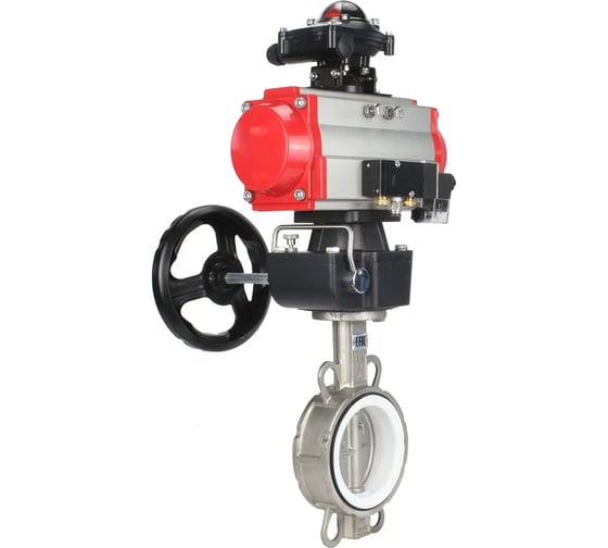 Изображение товара Затвор DN.ru 316L-316L-PTFE Ду50 Ру16 с пневмоприводом, пневмораспределителем, БКВ, дублером D050-19244