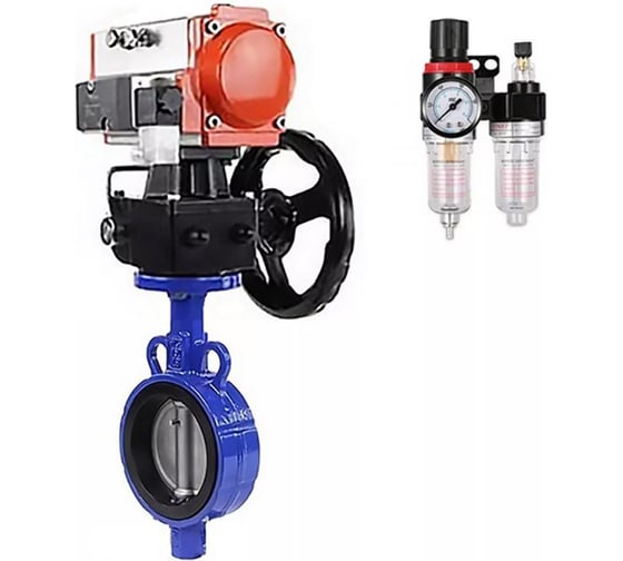 Изображение товара Затвор DN.ru AL-316L-EPDM Ду25 Ру16 с пневмоприводом, пневмораспределителем, дублером, БПВ D050-19457