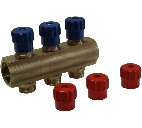 Изображение товара Коллектор ДТРД с регулирующими вентилями ВР 3/4 на 3 выхода НР 1/2, межосевое 35 мм 410182В