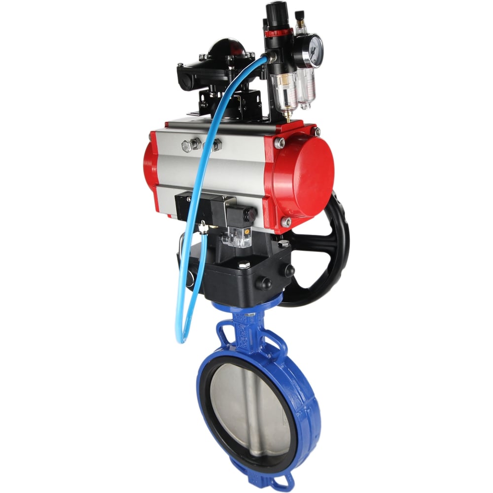 Изображение товара Затвор DN.ru GGG50-GGG40-EPDM Ду200 Ру16 с пневмоприводом, пневмораспределителем, БПВ, БКВ, дублером D050-08062