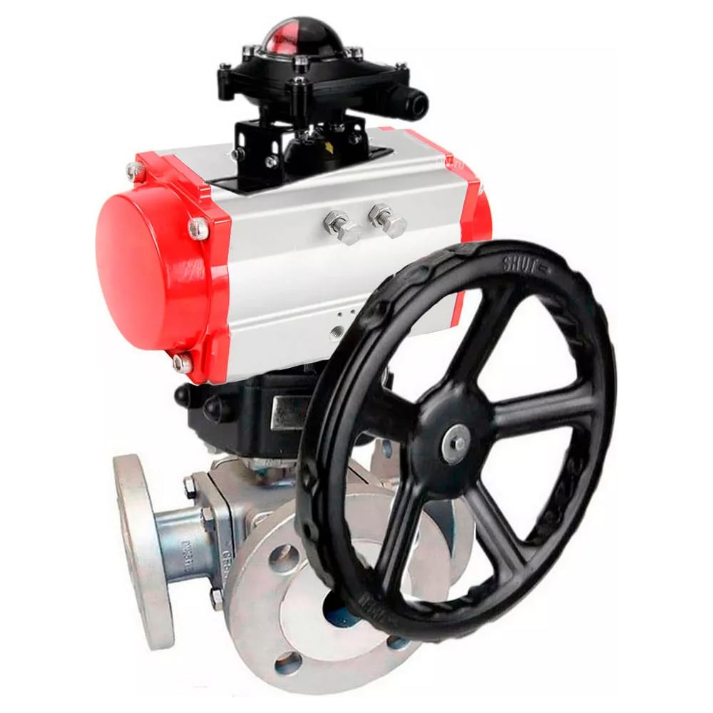 Изображение товара Шаровой кран DN.ru 316-316-PTFE L-тип Ду80 Ру16 с пневмоприводом и разборным корпусом