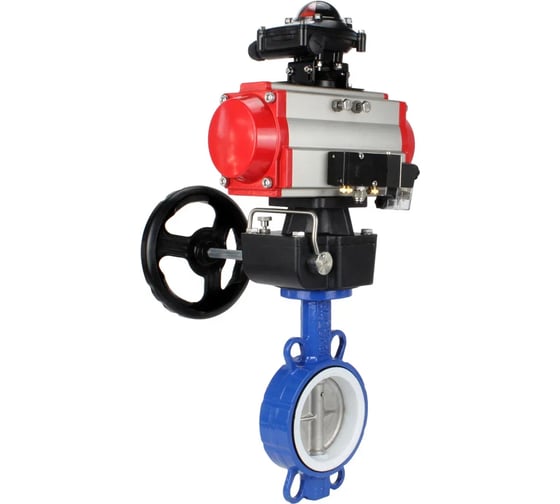 Изображение товара Затвор DN.ru WCB-316L-PTFE Ду125 Ру16 с пневмоприводом, пневмораспределителем, БКВ, дублером D050-19880