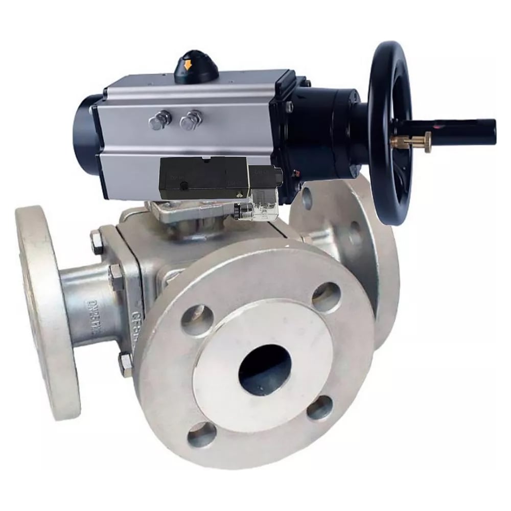 Изображение товара Шаровой кран DN100, 316-PTFE, пневмопривод, 3-х ходовый, Ду100, PN16, 325 мм