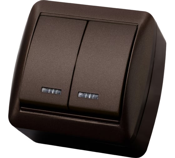 Изображение товара Выключатель с подсветкой двухклавишный накладной IP44 TDM ELECTRIC 10А шоколад, серия "Селигер" SQ1818-0204