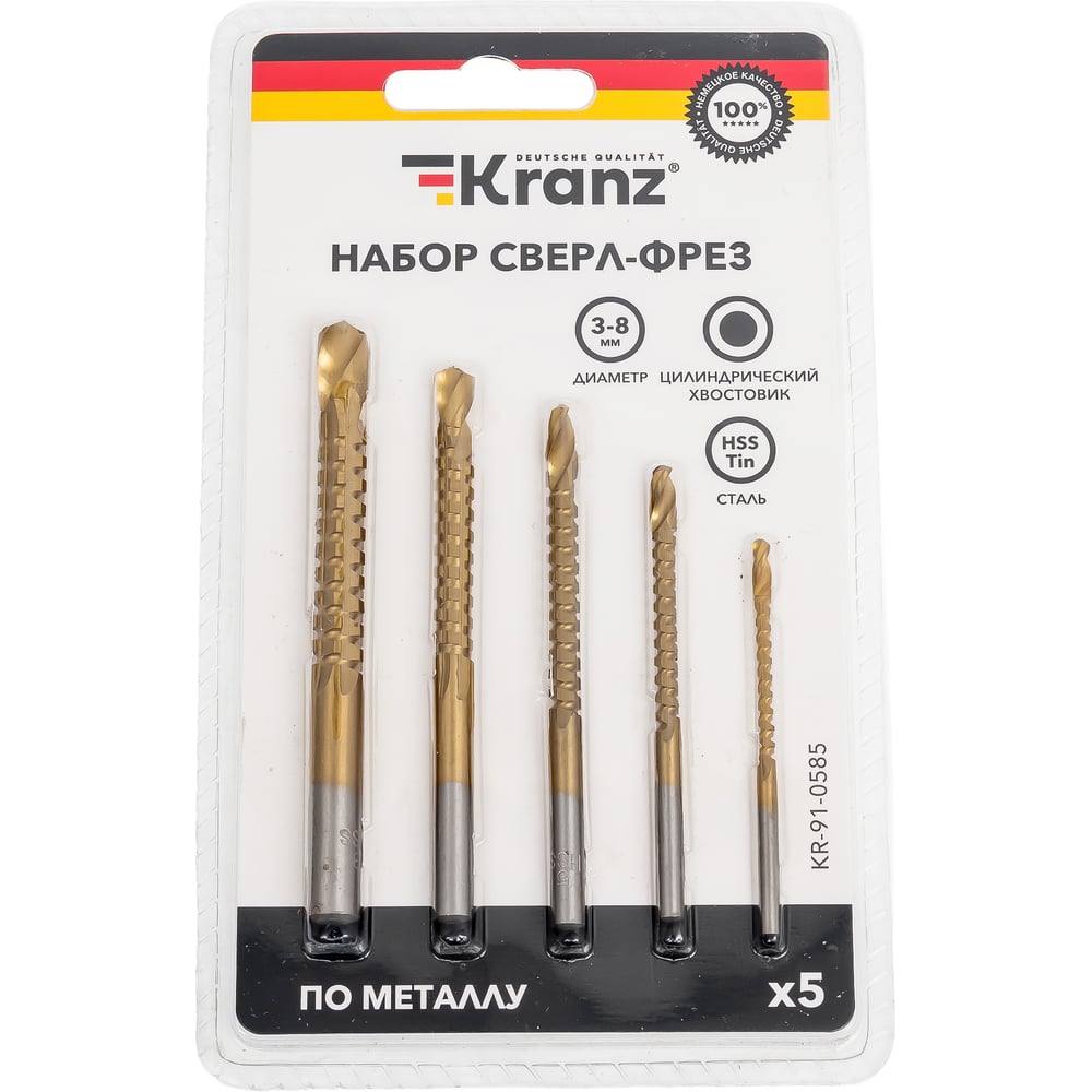 Изображение товара Набор сверл-фрез по металлу HSS Титан 3-8 мм, 5 шт, KRANZ KR-91-0585