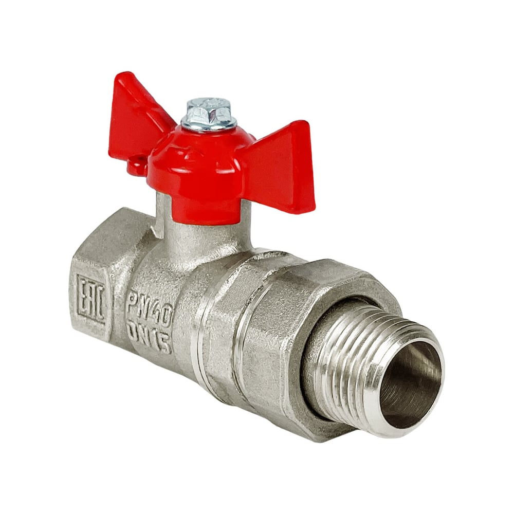 Кран шаровой Valfex N/P59 для ВОДЫ 1" ВР/НР с амер., бабочка, латунный никелированный, 11Б27фт1М VF.227.NB1.100.N/P59.Bir