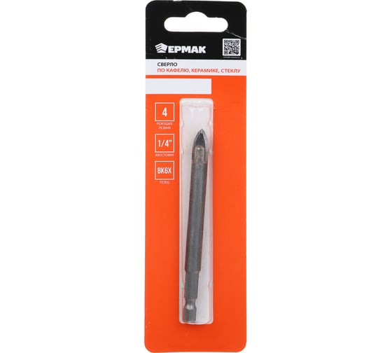 Изображение товара Сверло по кафелю, керамике, стеклу, с четырьмя режущими лезвиями, шестигранный хвостовик, 10 мм ЕРМАК 602-003