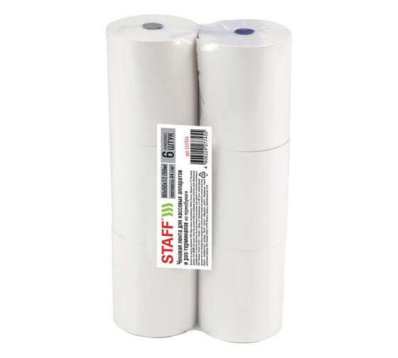 Изображение товара Чековая лента STAFF ТЕРМОБУМ 80мм диам. 56мм, длина 50м, вт.12мм КОМПЛЕКТ 6шт, 44г/м2, Basic 111954