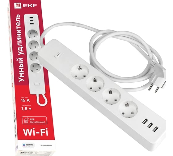 Изображение товара Умный удлинитель c USB EKF Wi-Fi HomeConnect RCE-1-WF