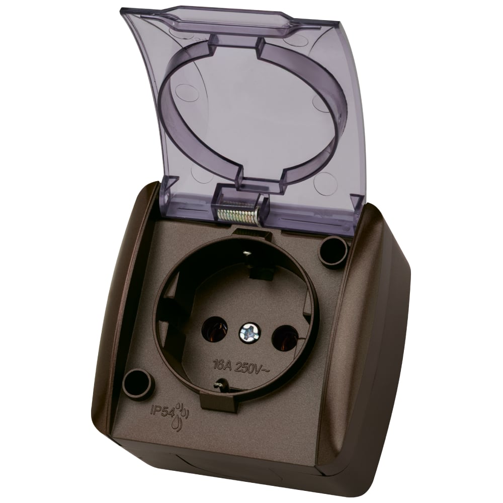 Изображение товара Розетка TDM ELECTRIC 2П+3 с прозрачной крышкой шоколад IP54