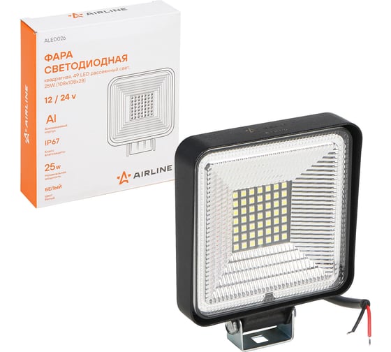 Изображение товара Фара светодиодная квадратная Airline 49LED, рассеянный свет, 25Вт, 108x108x28мм, 12/24В ALED026