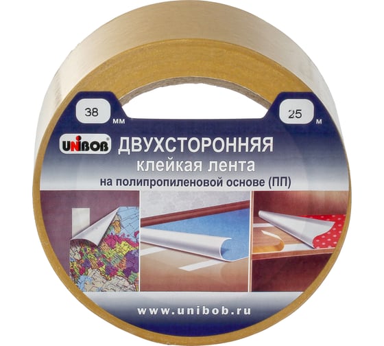 Изображение товара Двухсторонняя клейкая лента UNIBOB 38 мм х 25 м полипропилен 214983