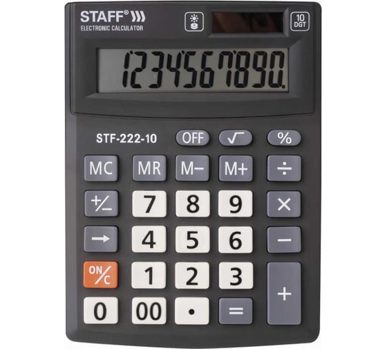 Изображение товара Компактный настольный калькулятор Staff PLUS STF-222, 138x103мм, 10 разрядов, двойное питание, 250419