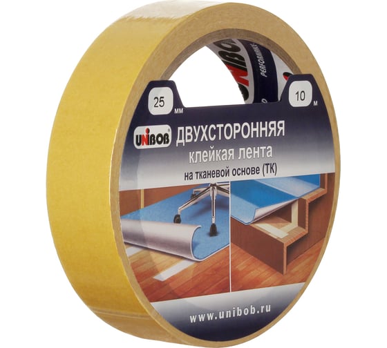 Изображение товара Двухсторонняя клейкая лента UNIBOB тканевая 25 мм х 10 м 214988
