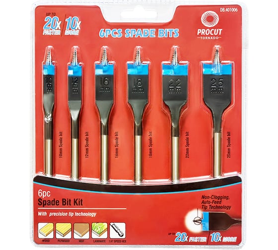 Изображение товара Набор сверл перьевых усиленных (6 шт; 10-25 мм; 1/4"HEX) PROCUT DB.401006