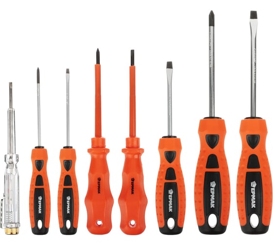 Изображение товара Набор 8 отверток ЕРМАК PH1*100, SL4x100, PH2x100, SL6x100, SL3x75, SL5x75, PH0*75+тестер напряжения651-652