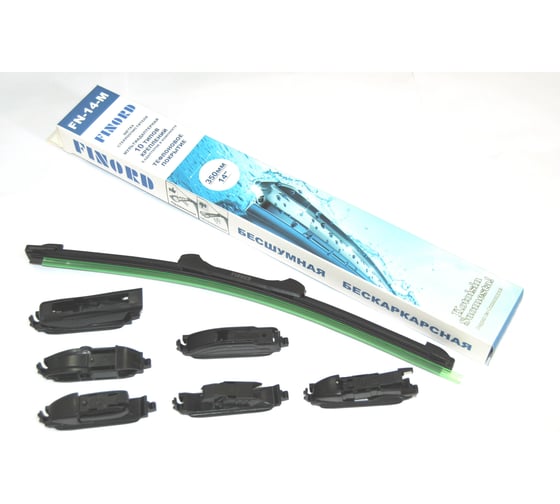 Изображение товара Щетка стеклоочистителя бескаракасная FINORD с тефлоновым покрытием № мультиадаптерная 14 (350 мм), 6 адаптеров: Hook, Bayonet, Pinch tab, Push button 16/19, Bayo FN-14-M