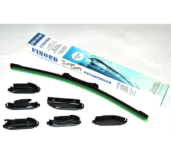 Изображение товара Щетка стеклоочистителя бескаракасная FINORD с тефлоновым покрытием № мультиадаптерная 16 (410 мм), 6 адаптеров: Hook, Pinch tab, Push button 16/19, Bayonet arm, FN-16-M