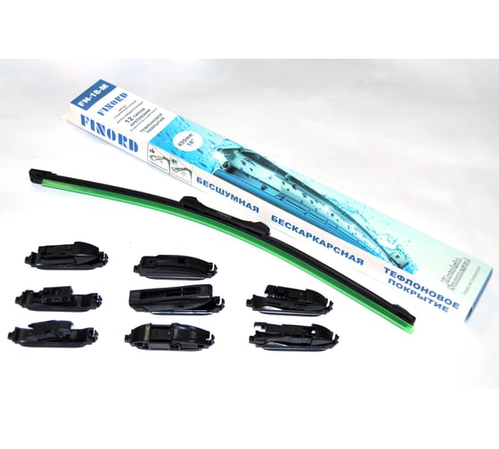 Изображение товара Щетка стеклоочистителя бескаракасная FINORD с тефлоновым покрытием № мультиадаптерная 18 (450 мм), 8 адаптеров: Hook, Pinch tab, Push button 16/19, Bayonet arm, FN-18-M