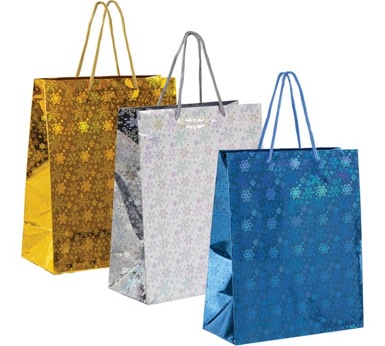 Изображение товара Пакет подарочный Золотая сказка новогодний 1 шт 26x13x32см L, ГОЛОГРАФИЯ ассорти 3 цвета, 609612