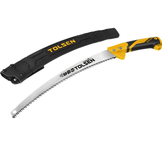 Изображение товара Пила садовая изогнутая TOLSEN лезвие 65Mn, 350 мм, 6 TPI, двухкомпонентная рукоятка, пластиковый чехол 31046