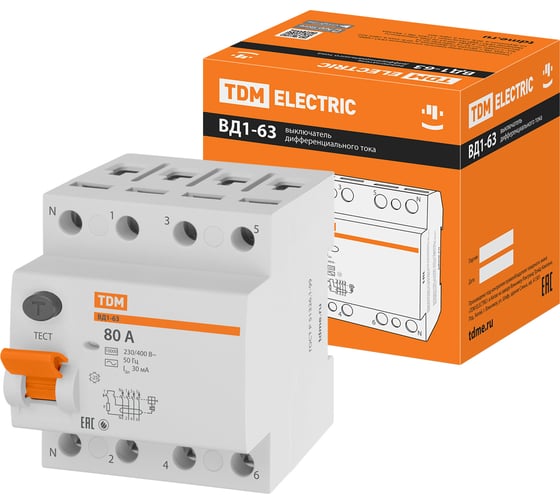 Изображение товара Устройство защитного отключения TDM ELECTRIC ВД1-63 4Р 80А 30мА SQ0203-0047