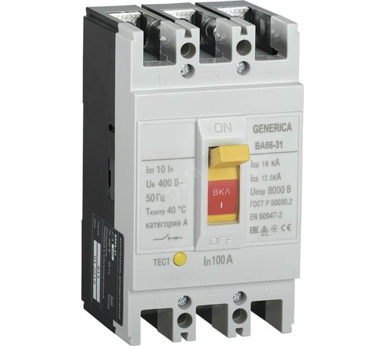 Изображение товара Автоматический выключатель GENERICA ВА66-31 3Р 100А 18кА SAV10-3-0100-G