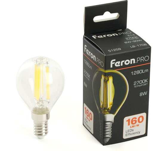 Изображение товара Лампа светодиодная FERON PRO LB-1708 Шарик E14 8W 175-265V 2700K, 51259