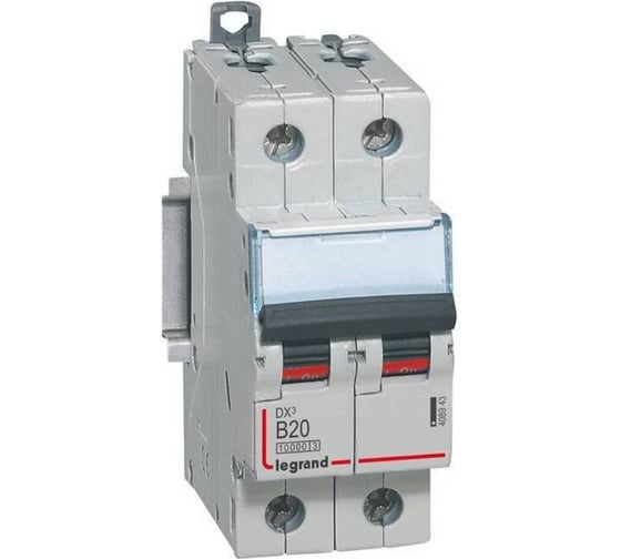 Изображение товара Автоматический выключатель Legrand DX³ 10000, 16 кА, тип характеристики B, 2П, 230/400 В~, 20 А, 2 модуля 408943