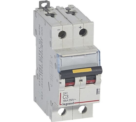 Изображение товара Автоматический выключатель Legrand DX³ 10000, 16 кА, DC 250 В, 2 защищенных полюса, 3 А, 2 модуля 409563