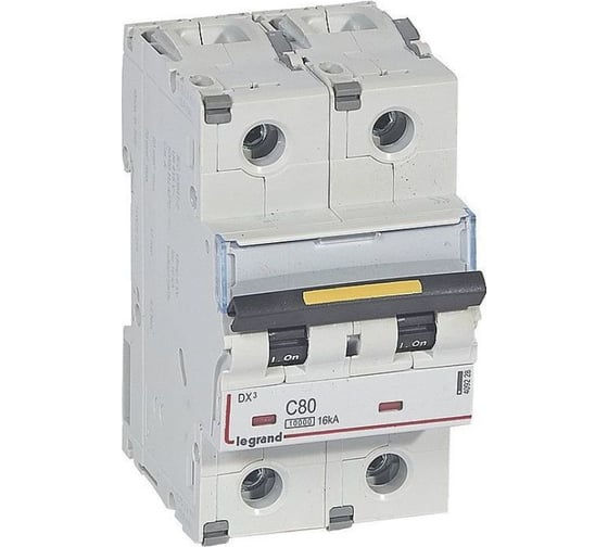 Изображение товара Автоматический выключатель Legrand DX³ 10000, 16 кА, тип характеристики С, 2П, 230/400 В~, 80 А, 3 модуля 409228
