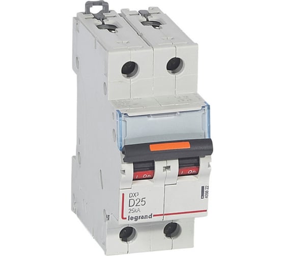 Изображение товара Автоматический выключатель Legrand DX³ 25 кА, тип характеристики D, 2П, 230/400 В~, 25 А, 2 модуля 409822