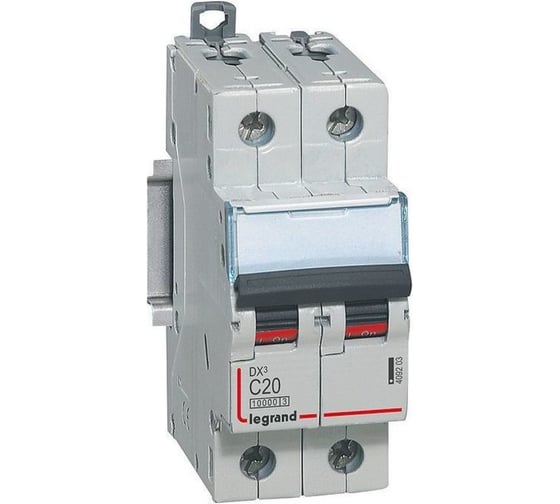 Изображение товара Автоматический выключатель Legrand DX³ 10000, 16 кА, тип характеристики С, 2П, 230/400 В~, 20 А, 2 модуля 409203