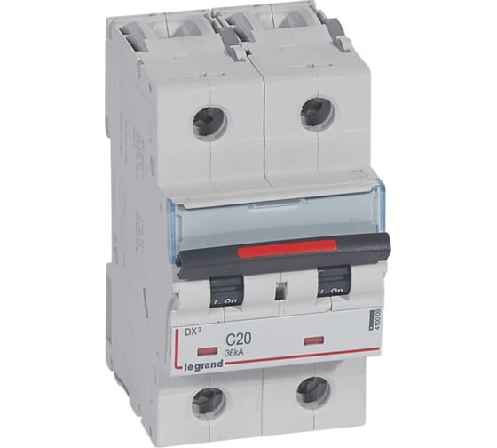 Изображение товара Автоматический выключатель Legrand DX³ 36 кА, тип характеристики С, 2П, 230/400 В~, 20 А, 3 модуля 410009