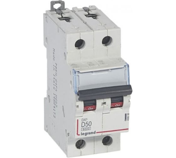 Изображение товара Автоматический выключатель Legrand DX³ 6000 10 кА, тип характеристики D, 2П, 230/400 В~, 50 А, 2 модуля 408036