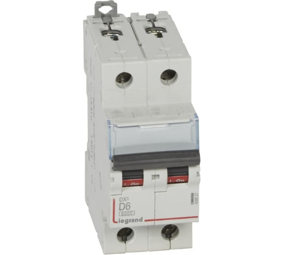 Изображение товара Автоматический выключатель Legrand DX³ 6000 10 кА, тип характеристики D, 2П, 230/400 В~, 6 А, 2 модуля 408027