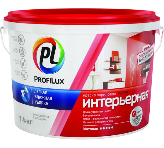 Изображение товара Влагостойкая краска Profilux ВД PL 07А акриловая, супербелая 1,4 кг Н0000004271