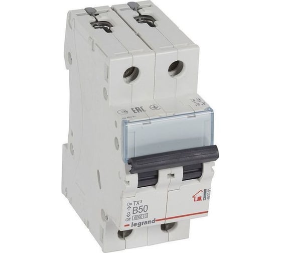 Изображение товара Автоматический выключатель Legrand TX³ 6000 6 кА, тип характеристики B, 2П, 230/400 В~, 50 А, 2 модуля 403991