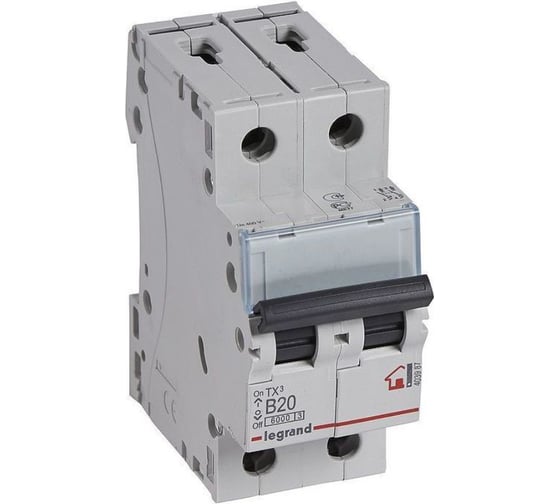 Изображение товара Автоматический выключатель Legrand TX³ 6000 6 кА, тип характеристики B, 2П, 230/400 В~, 20 А, 2 модуля 403987