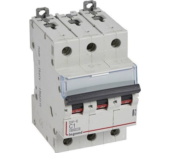 Изображение товара Автоматический выключатель Legrand DX³E 6000 6 кА тип характеристики C 3П 230/400 В~ 1 А 3 модуля 407284
