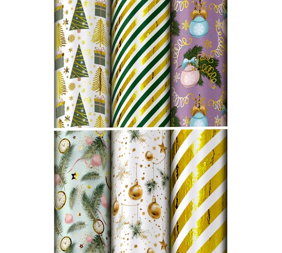 Изображение товара Бумага упаковочная Золотая сказка новогодняя С ЭФФЕКТАМИ (1 шт) "Gold and Green" 70x100см ассорти 592186
