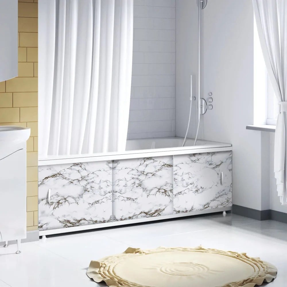 Изображение товара Экран пластиковый под ванну Alavann Elegant 150 см, черно-белый мрамор, раздвижной на алюминиевом профиле, 3 дверцы ALV0928005
